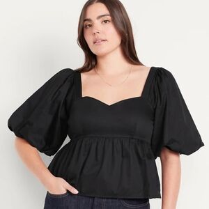 Old Navy Puff-Sleeve Poplin Peplum Top Black Jack Large NWT
